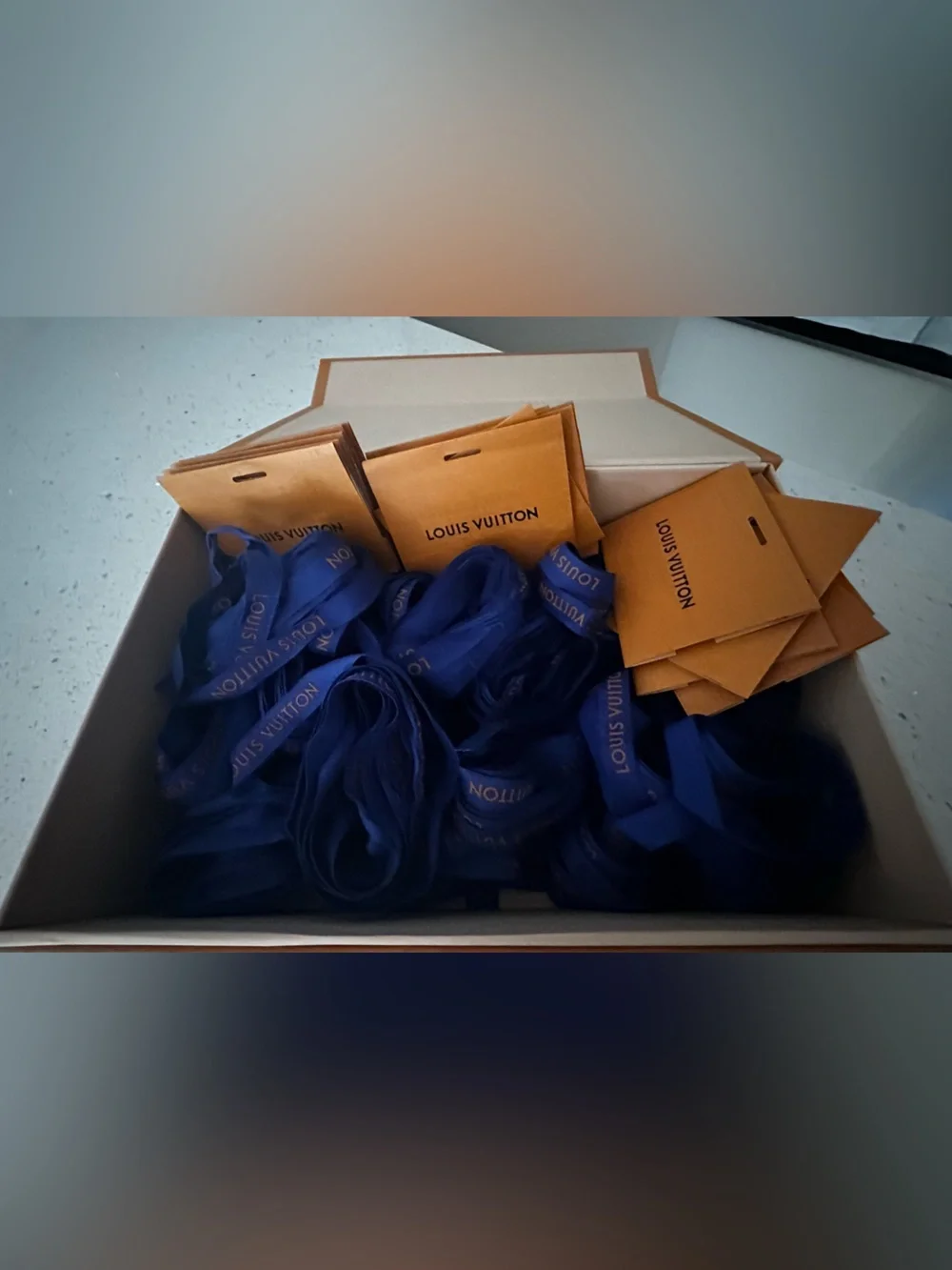 Authentic Louis Vuitton Royal Blue Ribbon w/gold logo pack with Gift Tags